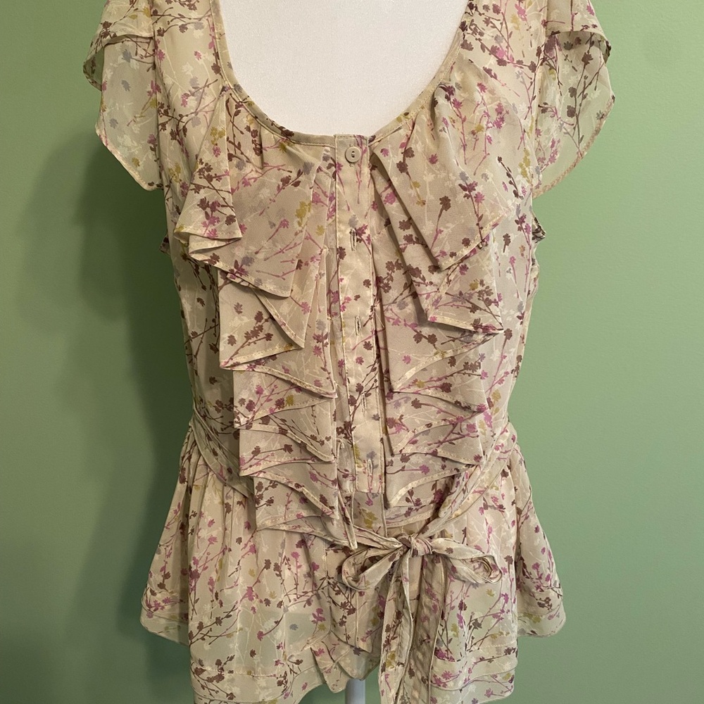LC Lauren Conrad Cream and Pink Ruffled Tie Front Blouse